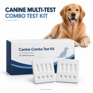 Illustration of canine multi-test combo kit with dog and multi-channel test cassettes
